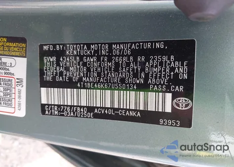 2007 Toyota Camry Le from USA, damaged, VIN 4T1BE46K67U550134